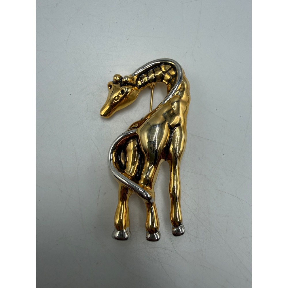 Vtg Giraffe Brooch Two Tone Gold Silver Animal Pin Whimsical Statement Jewelry